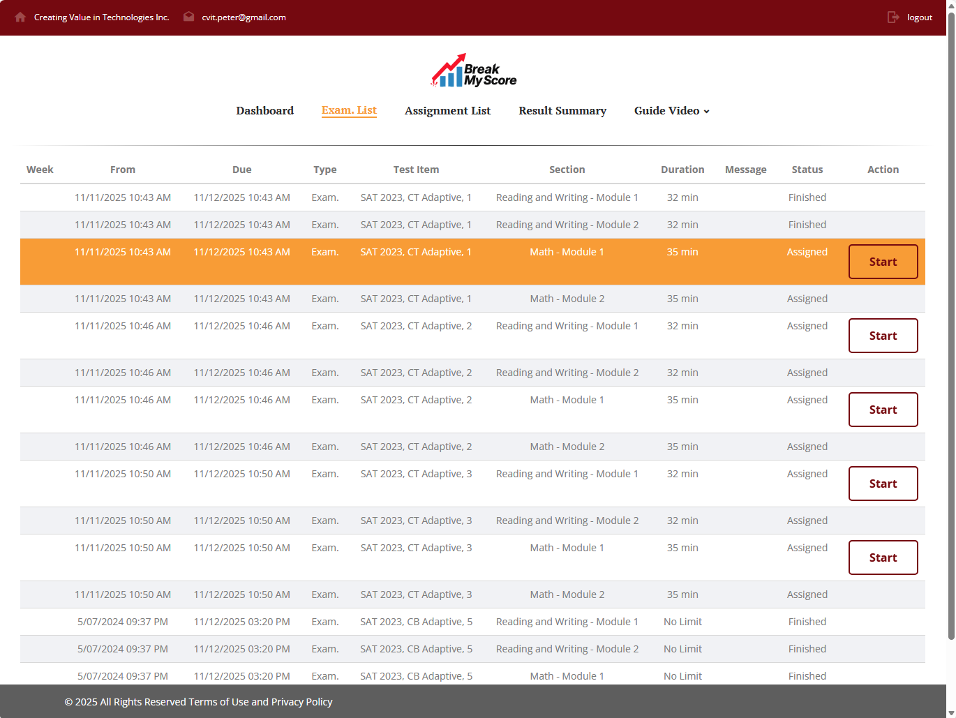 BreakMyScore Exam List